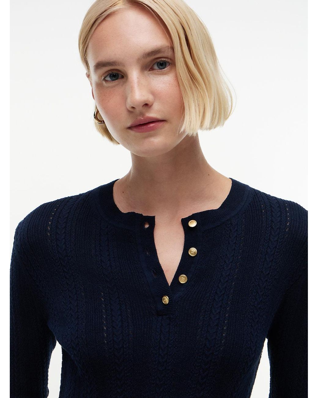 Tommy Hilfiger Blue Pointelle-Tone Button Henley Neck Jumper