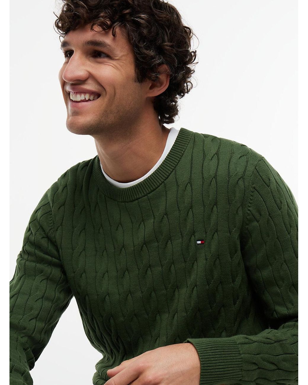 Tommy Hilfiger Green Cotton Cable Crew Neck Sweater for men
