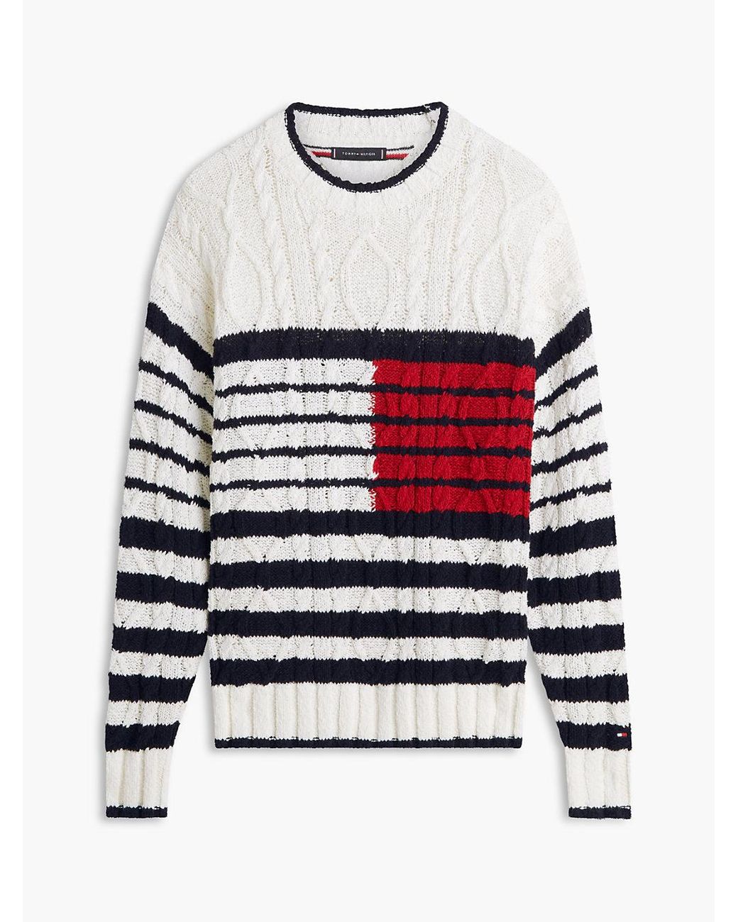 Tommy Hilfiger White Cable Knit Breton Stripe Flag Jumper for men