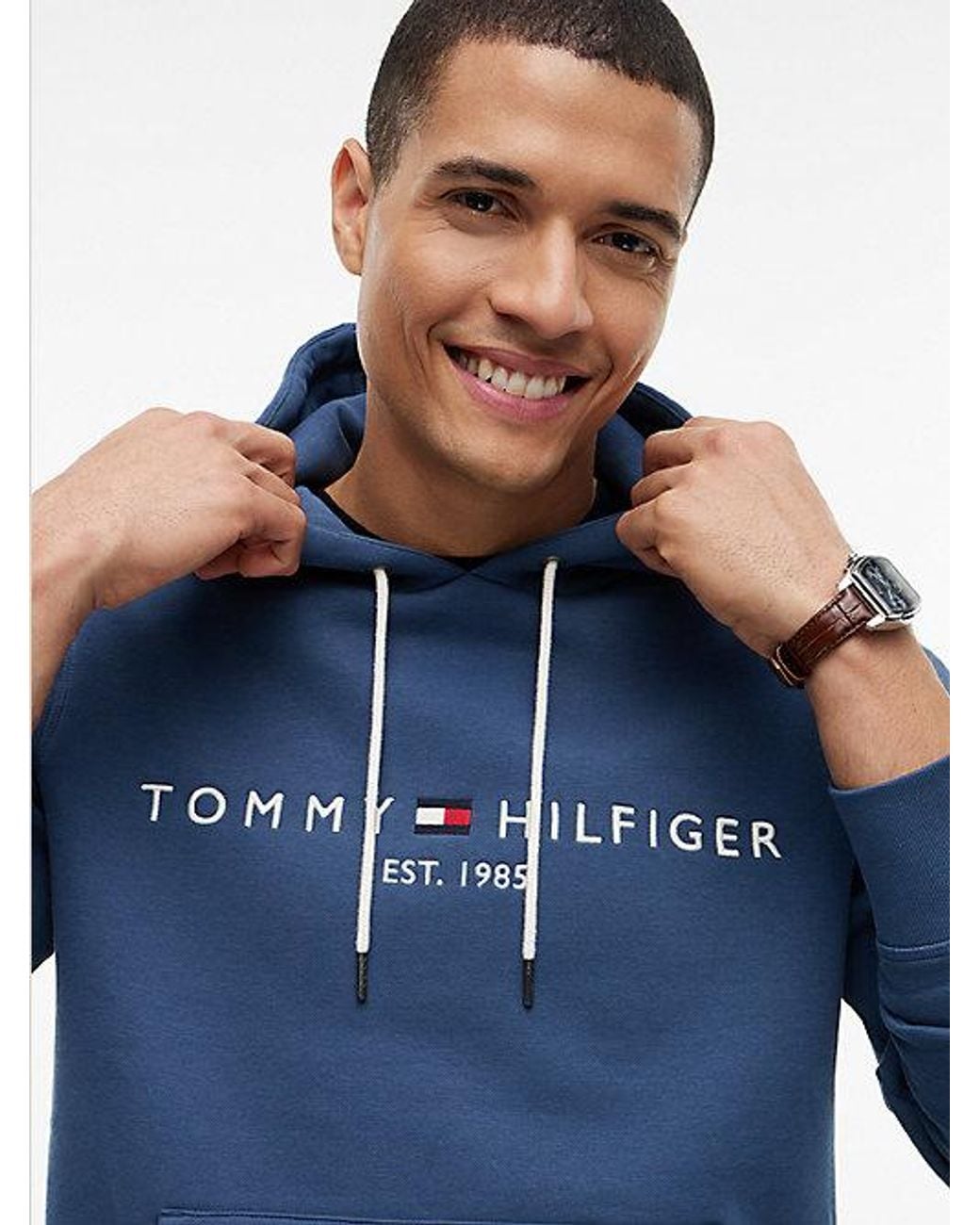 Tommy Hilfiger Blue Logo Embroidery Fleece Drawstring Hoody for men