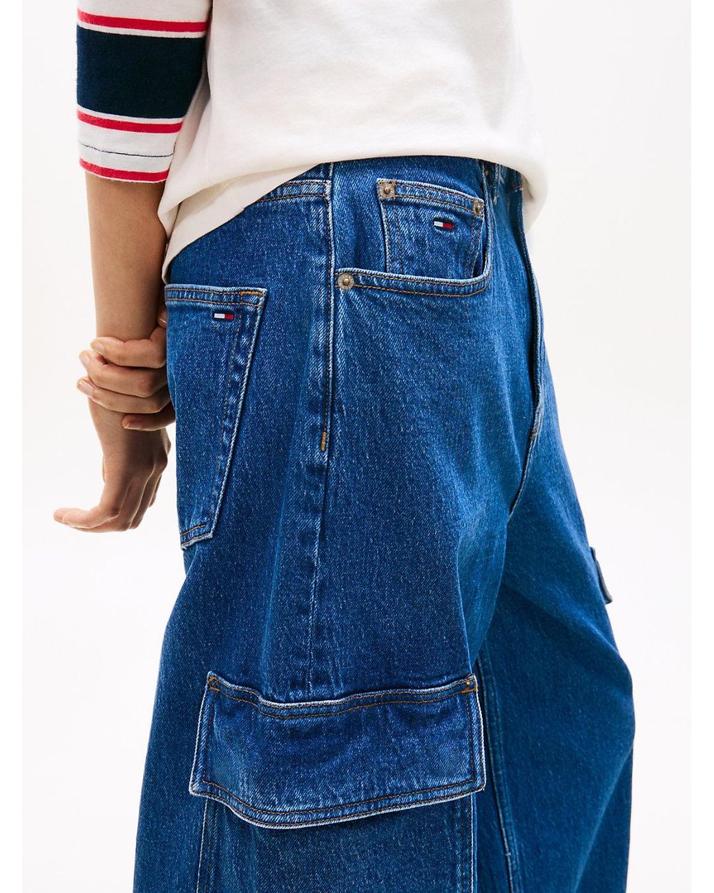 Tommy Hilfiger Blue Mid Rise Loose Wide Leg Cargo Jeans