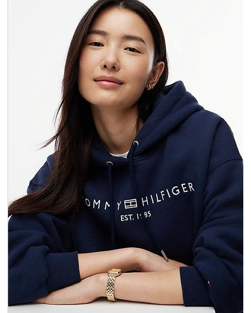 Tommy Hilfiger Blue Logo Fleece Relaxed Drawstring Hoody