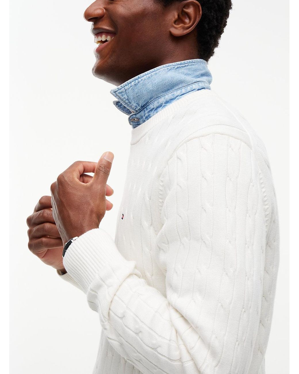 Tommy Hilfiger White Cable Knit Crew Neck Jumper for men
