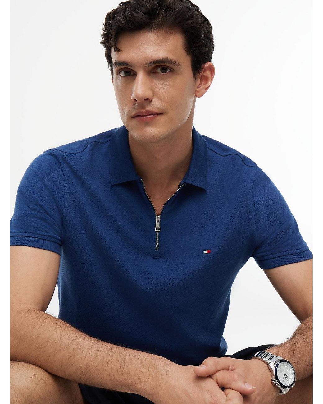 Tommy Hilfiger Blue Regular Fit Air Dot Zip Polo Shirt for men