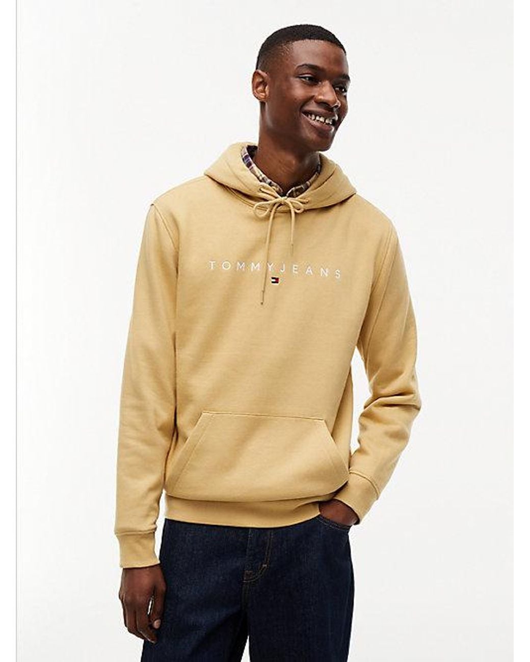 Tommy Hilfiger Natural Tommy Jeans Linear Logo Fleece Drawstring Hoody for men