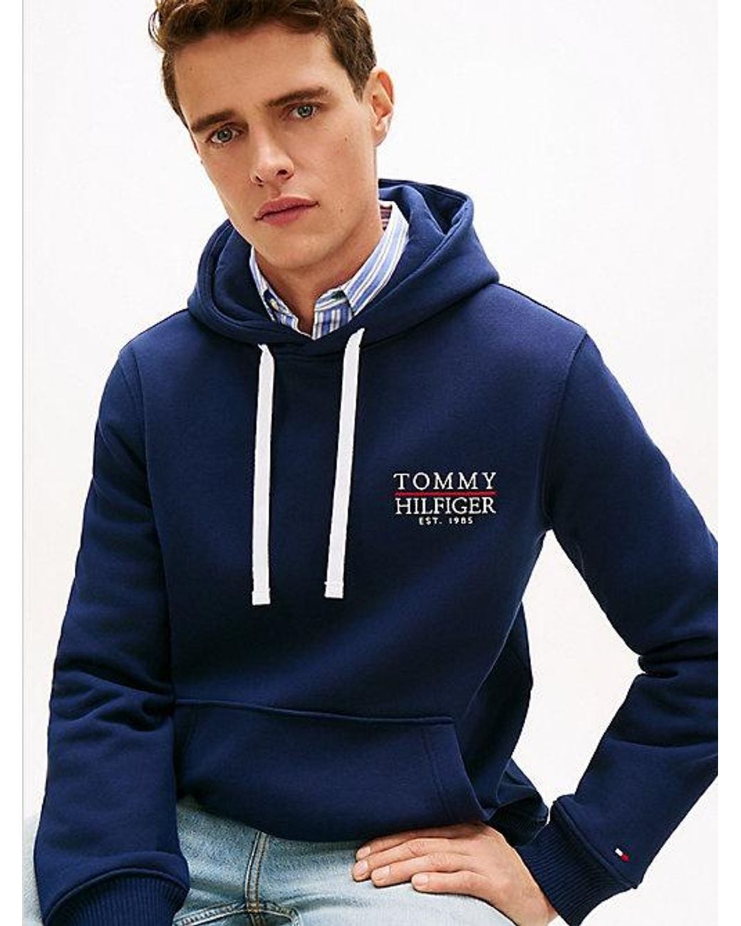 Tommy Hilfiger Blue Heritage Logo Embroidery Drawstring Hoody for men