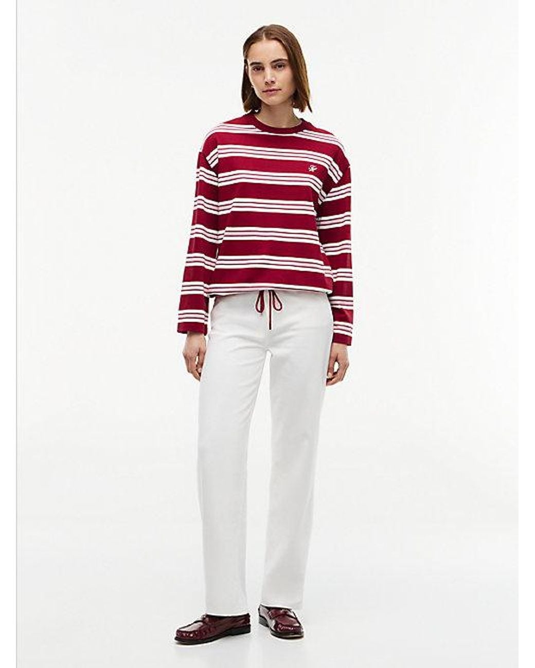 Tommy Hilfiger Red Rugby Stripe Drawstring Long Sleeve T-Shirt