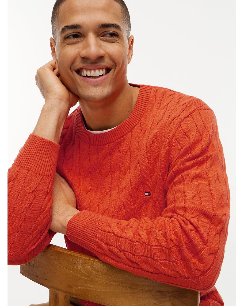 Tommy Hilfiger Red Cable Knit Crew Neck Jumper for men