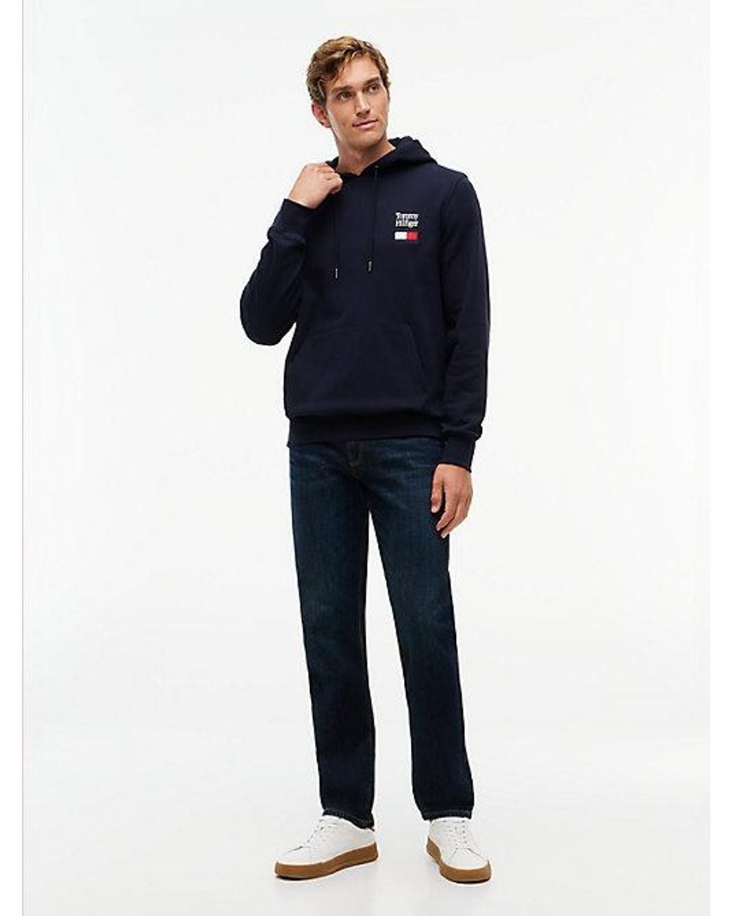 Tommy Hilfiger Blue Stack Logo Terry Drawstring Hoody for men