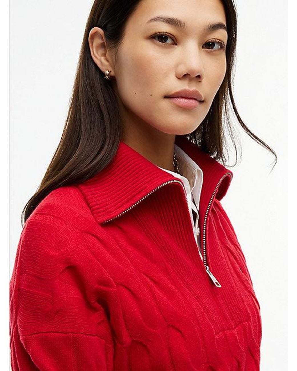 Tommy Hilfiger Red Pure Wool Cable Knit Quarter Zip Jumper