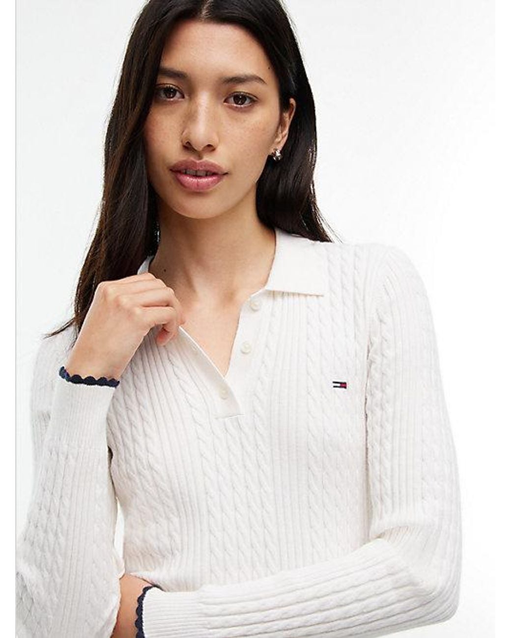 Tommy Hilfiger White Tommy Jeans Micro Cable Knit Slim Polo Jumper