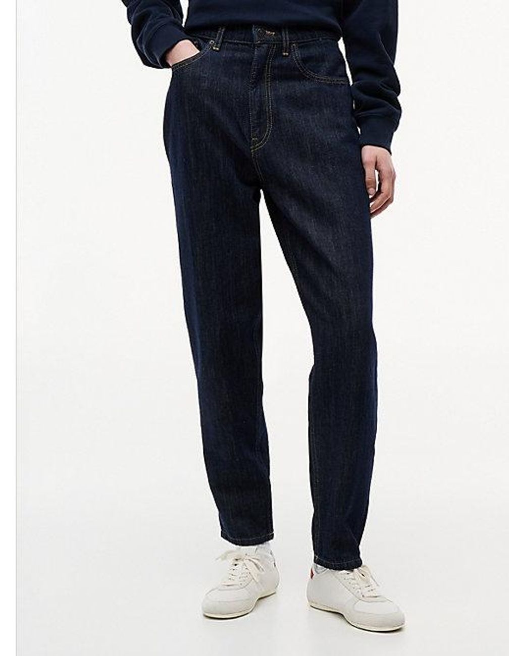 Tommy Hilfiger Blue Ultra High Rise Tapered Mom Jeans With Linen