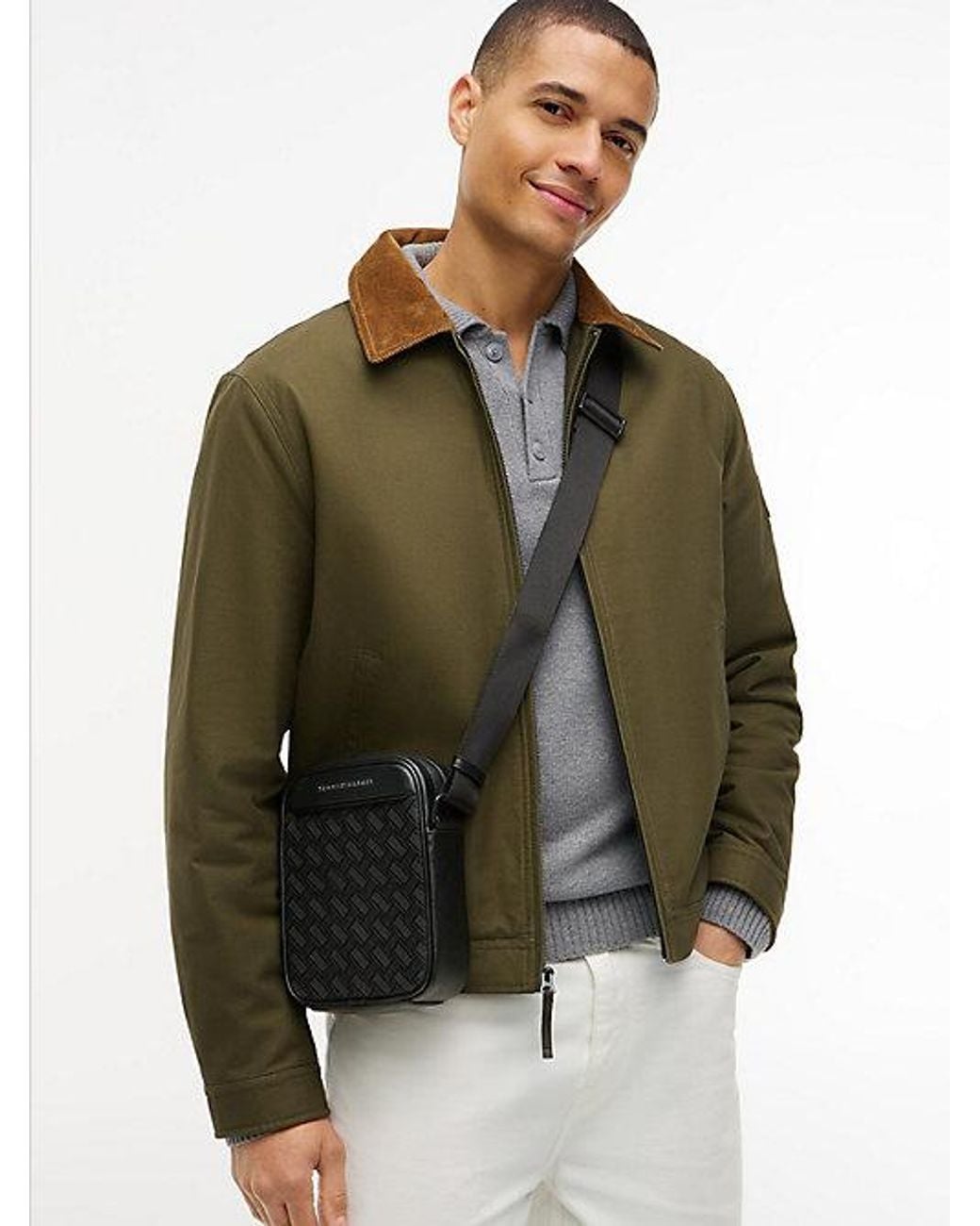 Tommy Hilfiger Black Modern Textured Flag Crossbody Reporter Bag for men