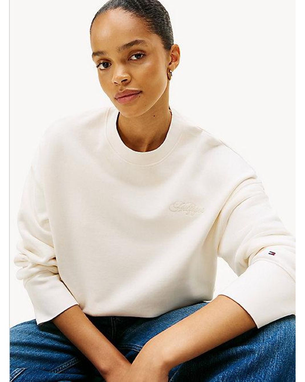 Tommy Hilfiger White Logo Embroidery Relaxed Fit Sweatshirt