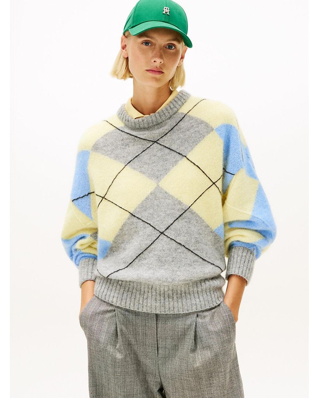 Tommy Hilfiger Gray Argyle Oversized Alpaca Blend Jumper