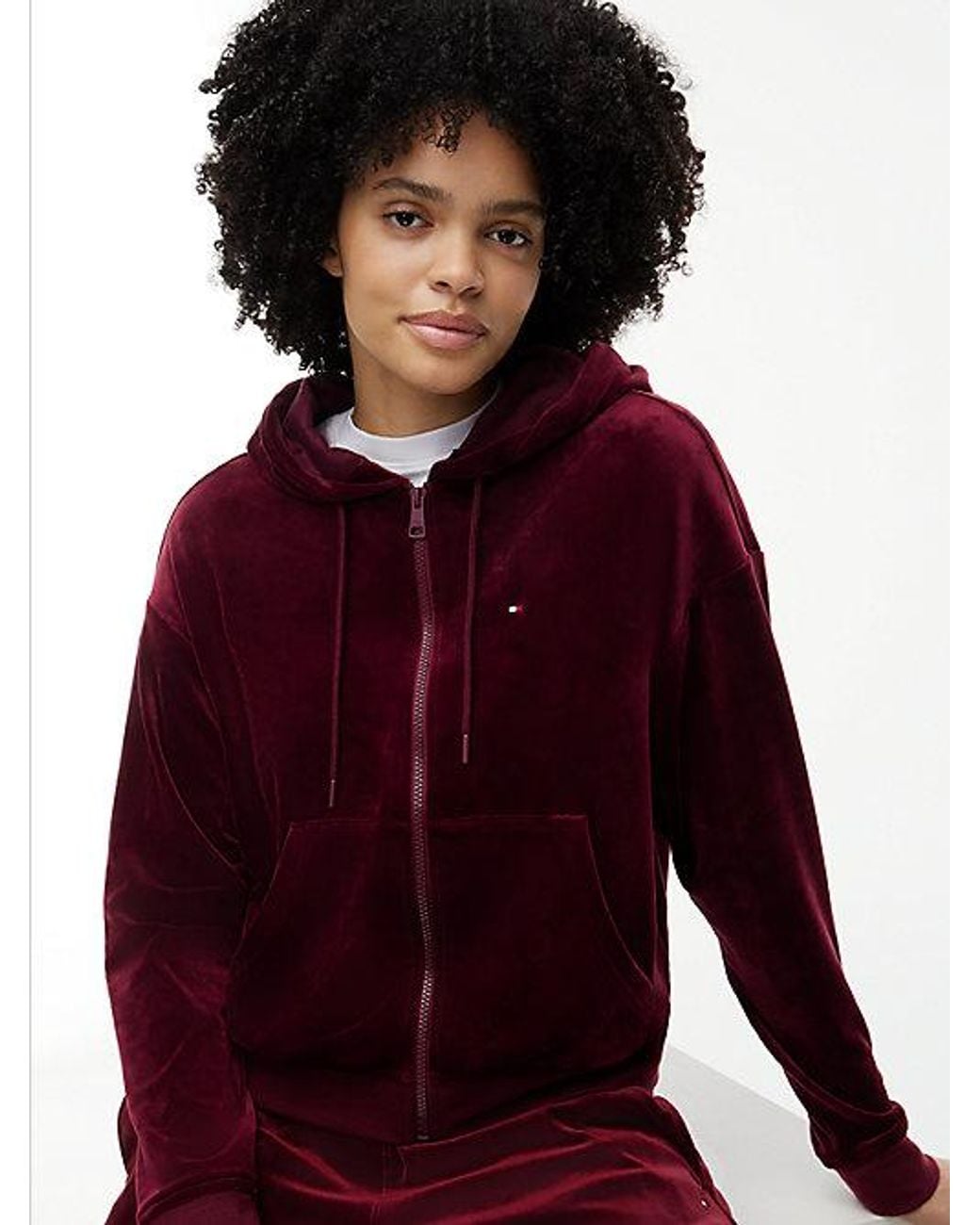 Tommy Hilfiger Red Essential Velour Relaxed Zip Thru Lounge Hoody