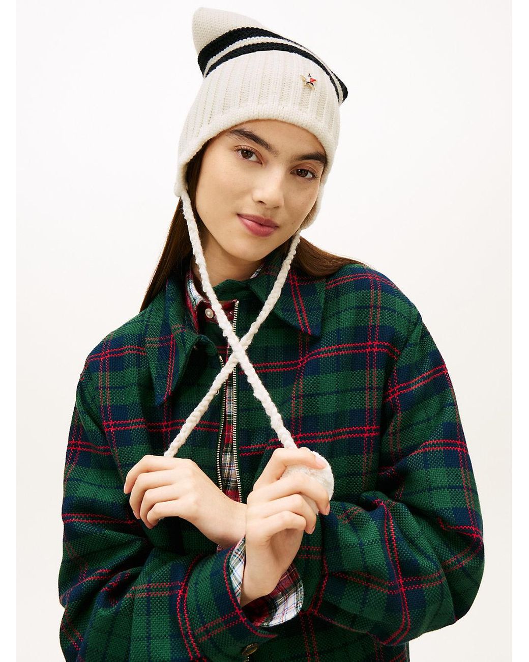 Tommy Hilfiger White Tommy Girl Stripe Wool Blend Bauble Beanie