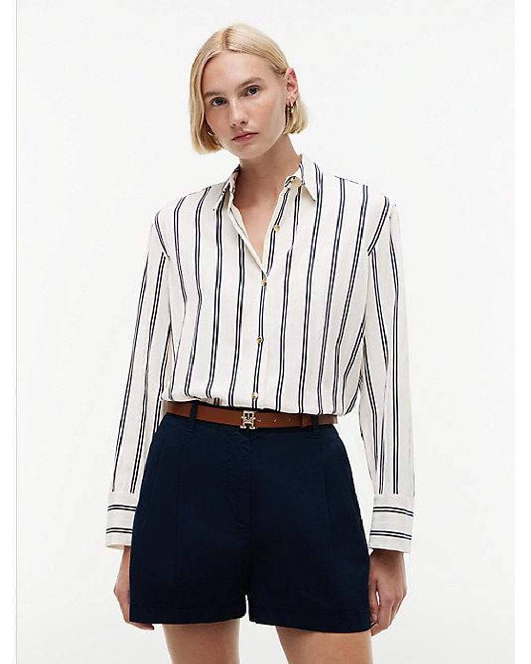 Tommy Hilfiger White Relaxed Fit-Tone Button Stripe Shirt