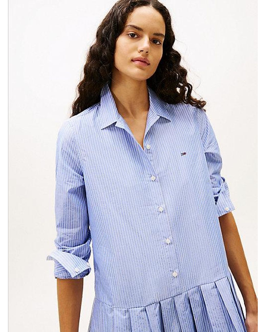 Tommy Hilfiger Blue Metallic Pleated Relaxed Mini Shirt Dress