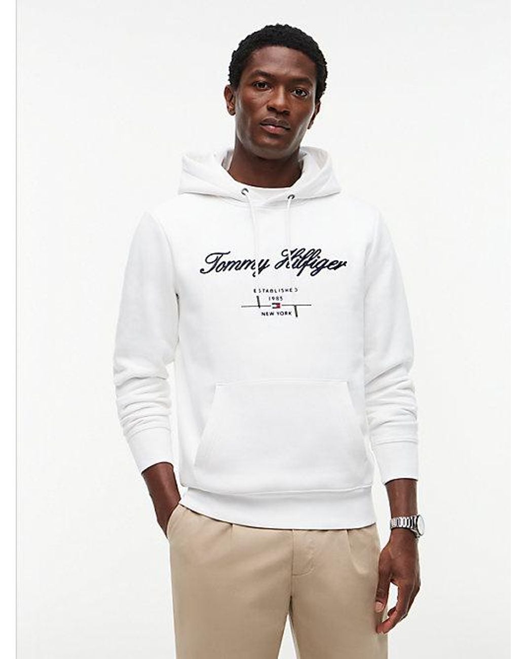 Tommy Hilfiger White Logo Embroidery Fleece Hoody for men