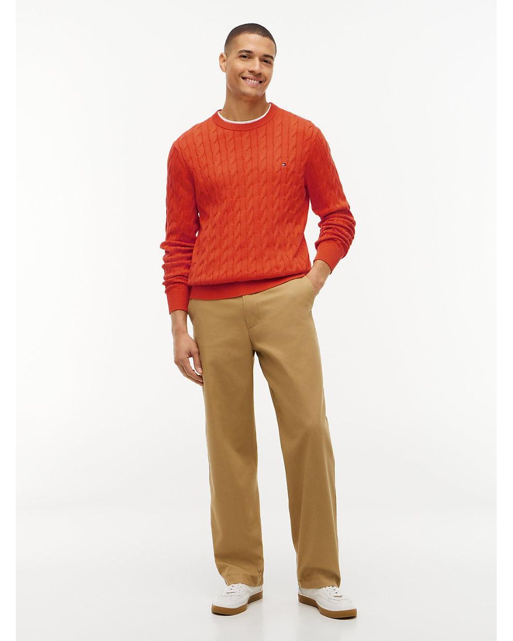 Tommy Hilfiger Red Cable Knit Crew Neck Jumper for men