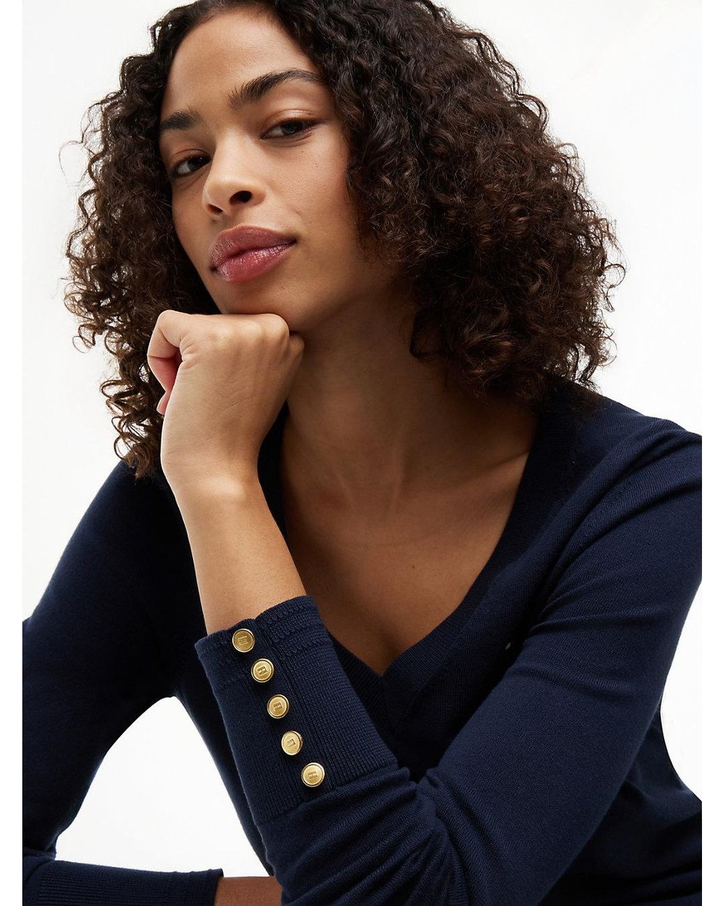 Tommy Hilfiger Blue Tone Button Cuff V-Neck Jumper