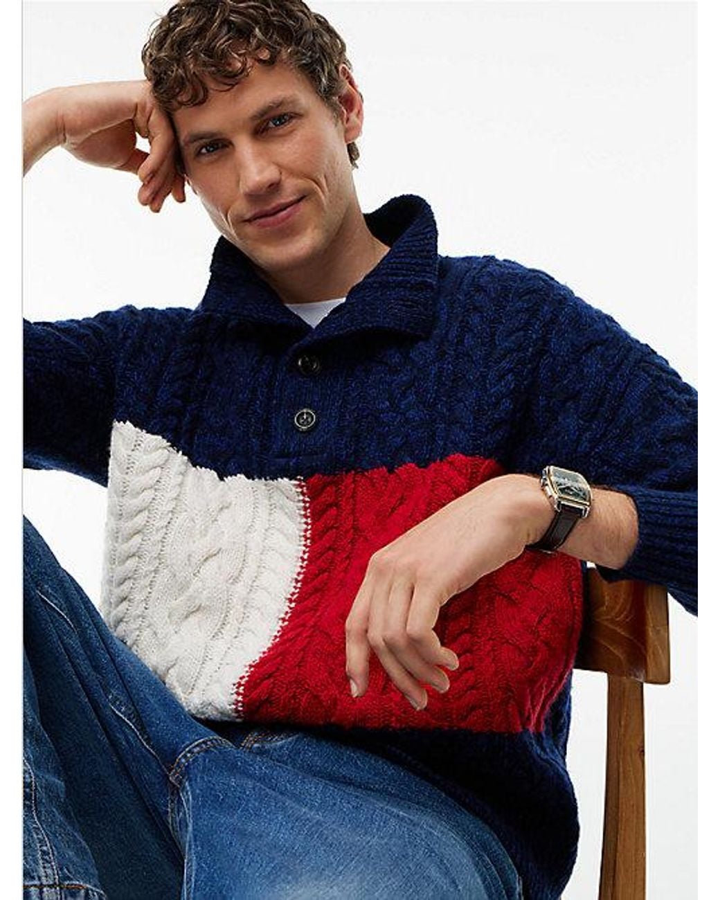 Tommy Hilfiger Blue Wool Blend Button Mock Neck Jumper for men