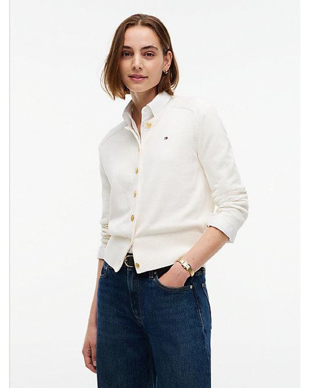 Tommy Hilfiger White Slim Tone Button Jersey Cardigan