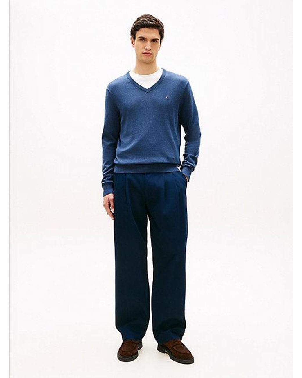 Tommy Hilfiger Blue Flag Embroidery V-Neck Jumper for men