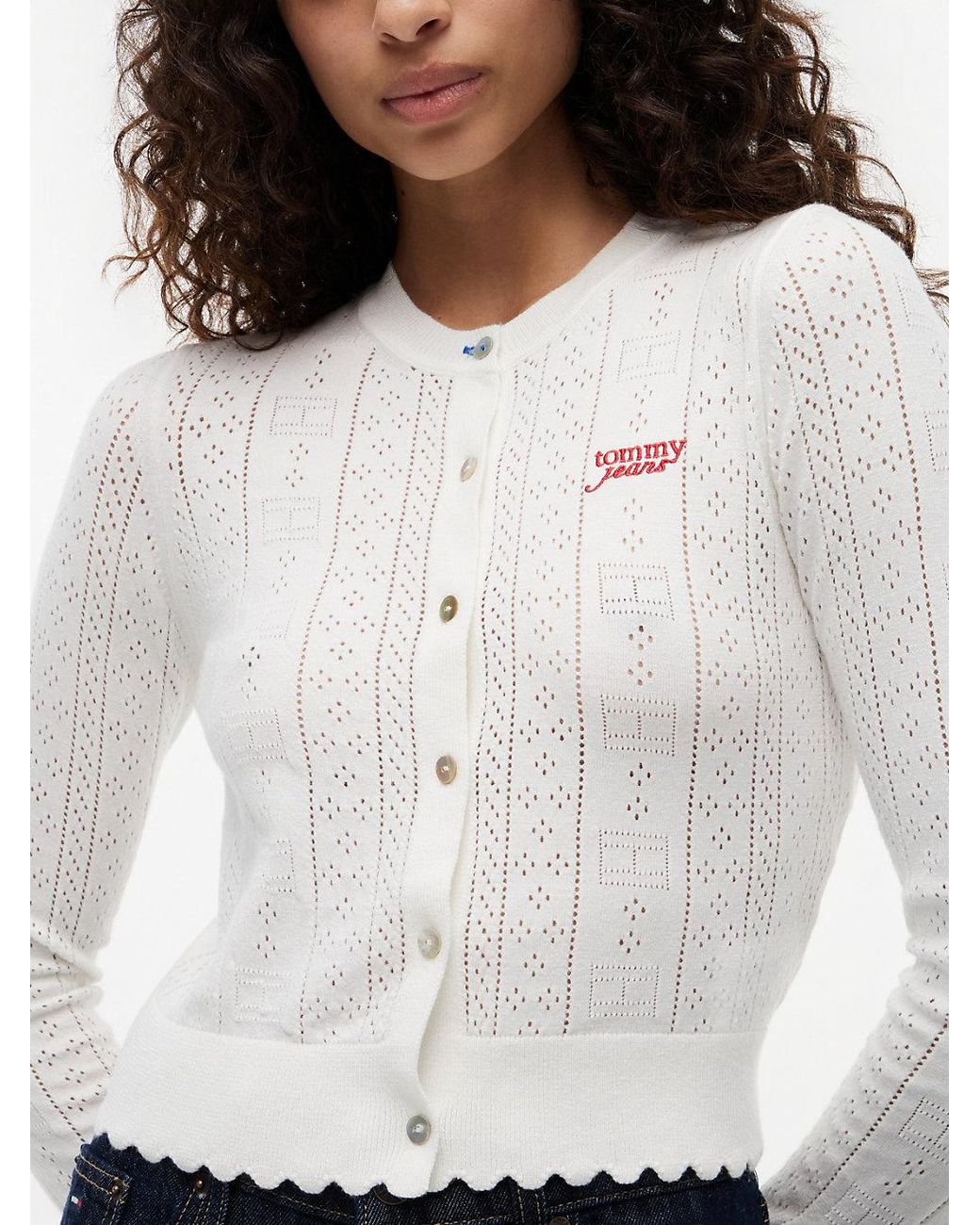 Tommy Hilfiger White Slim Pointelle Flag Cardigan