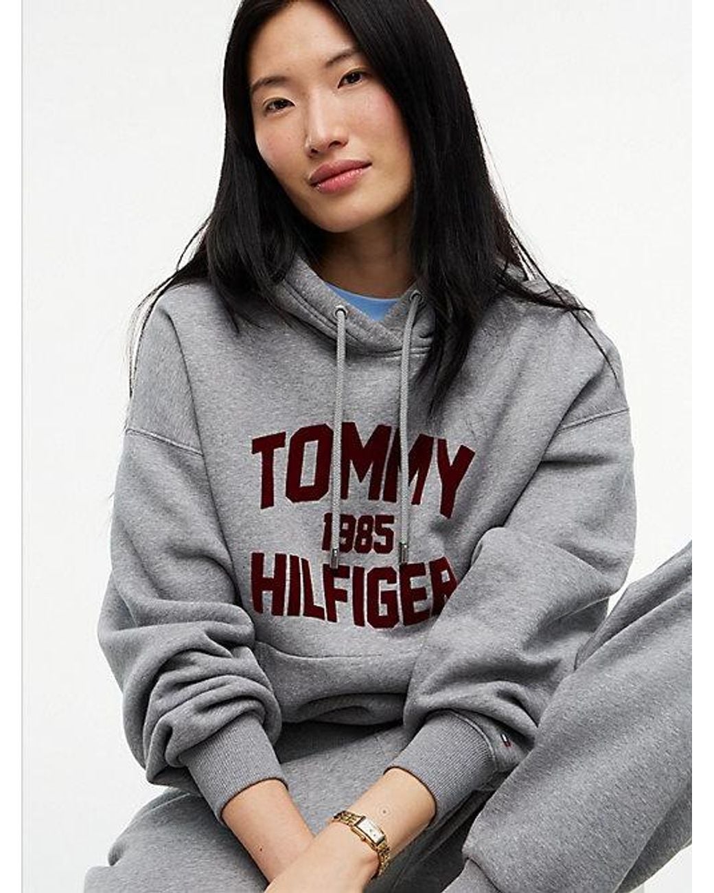 Tommy Hilfiger Gray Flock Varsity Logo Relaxed Fleece Hoody
