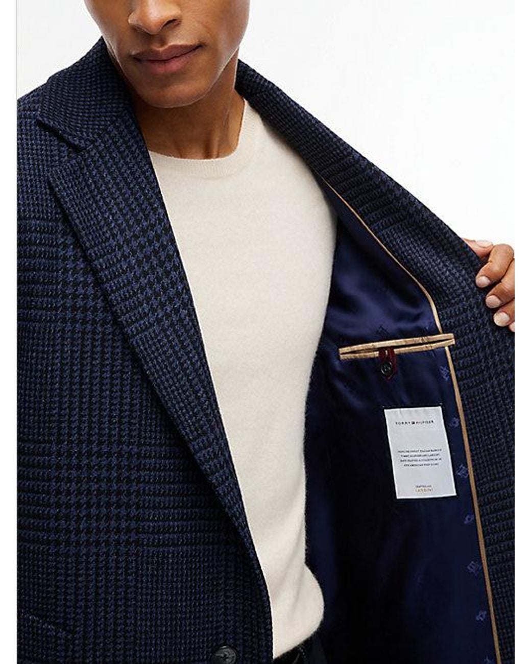 Tommy Hilfiger Blue Houndstooth Wool Blend Single Breasted Coat for men