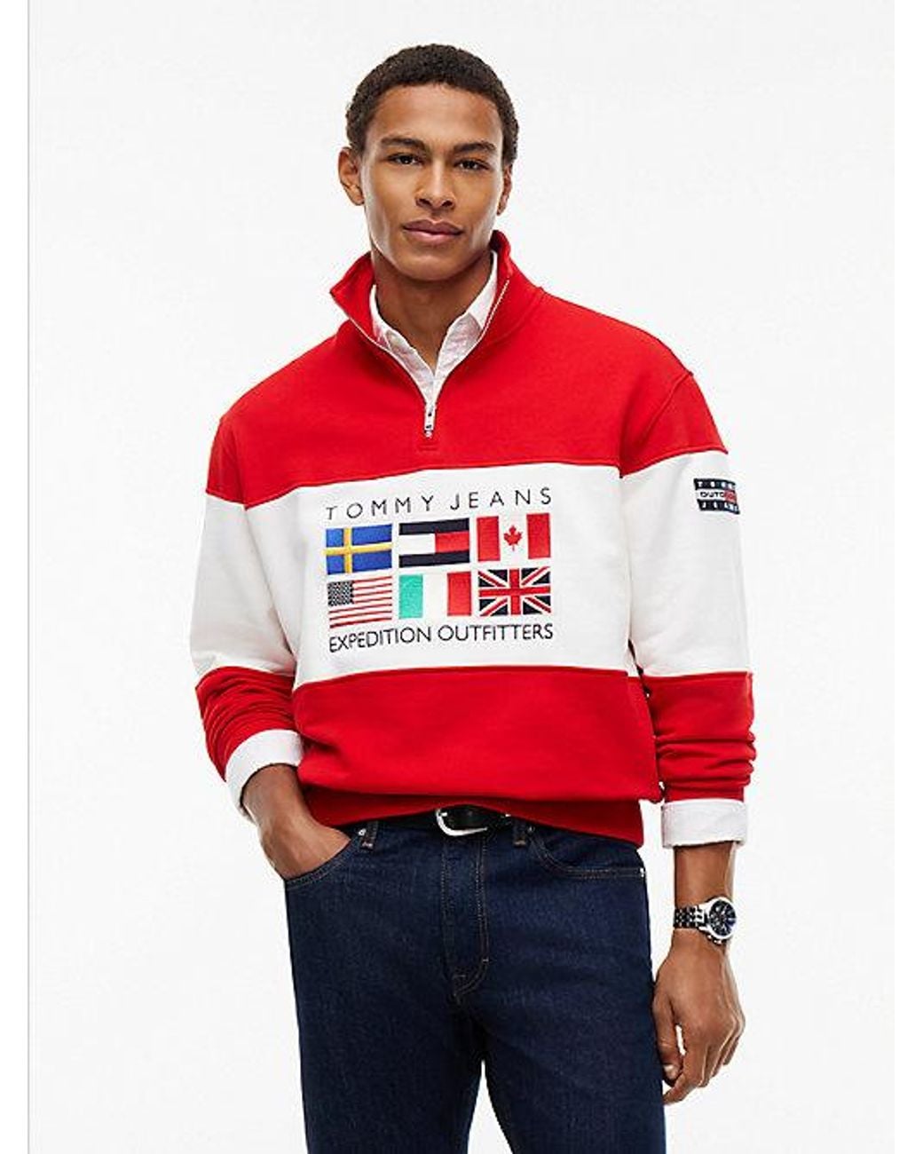 Tommy Hilfiger Red Tommy Jeans Fleece Mock Neck Quarter Zip Sweatshirt for men