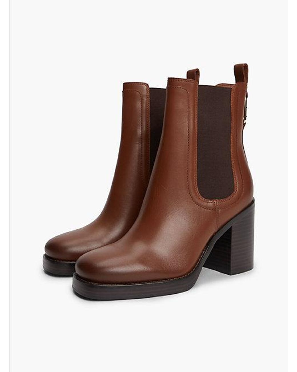 Tommy Hilfiger Brown Leather Square Toe Block Heel Chelsea Boots