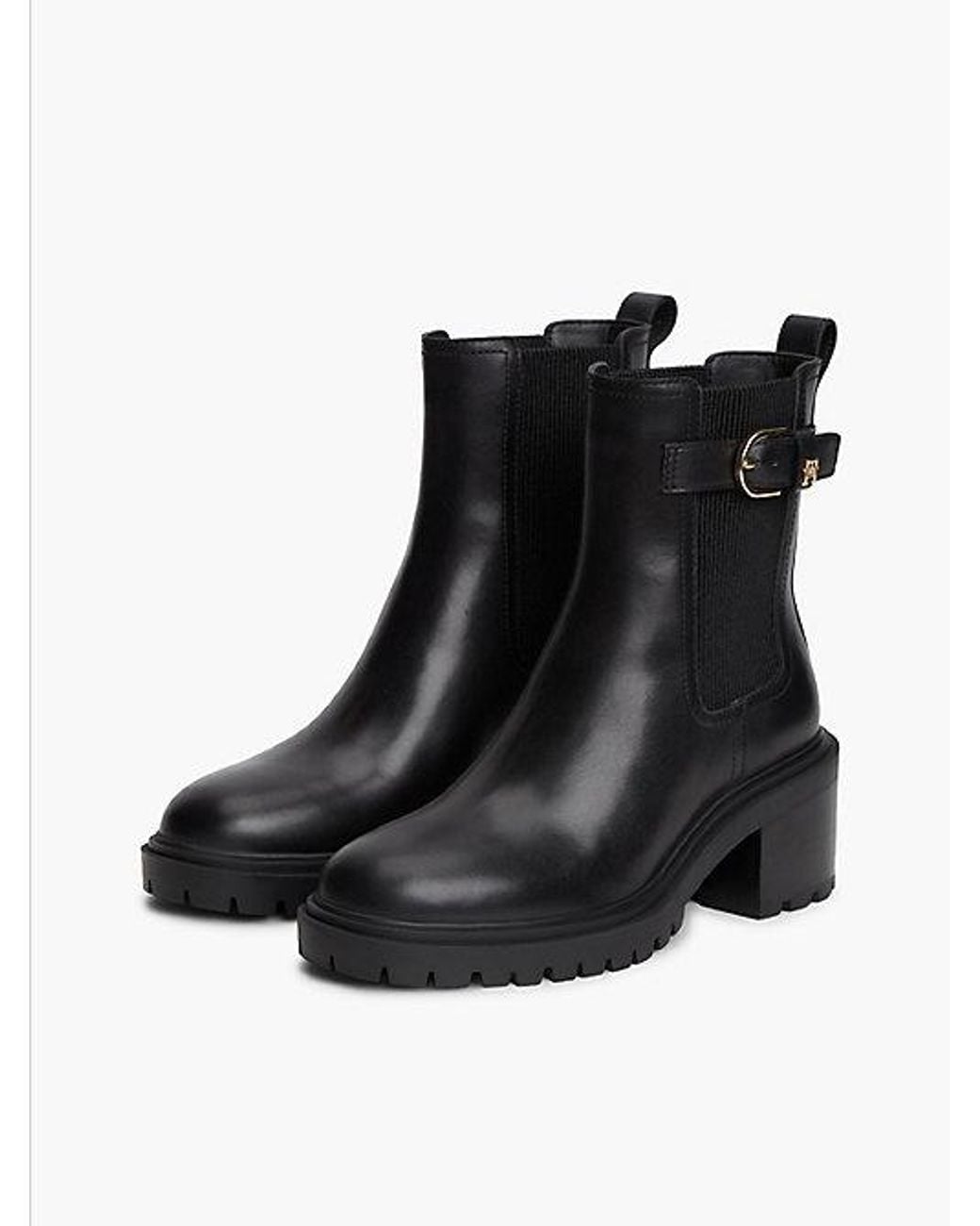 Tommy Hilfiger Black Leather Buckle Block Heel Chelsea Boots