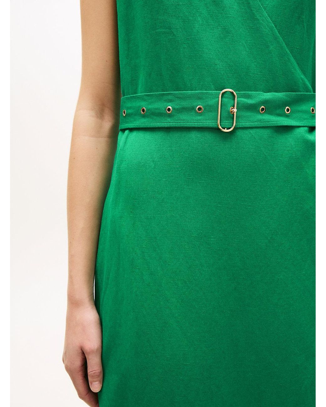 Tommy Hilfiger Green Belted Linen Blend Sleeveless Wrap Midi Dress