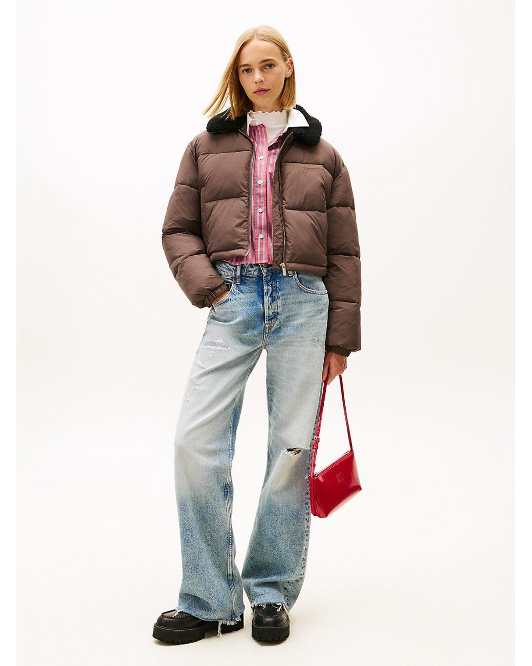 Tommy Hilfiger Red Teddy Collar Crinkle Puffer Jacket