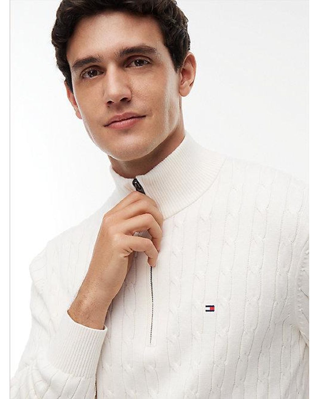 Tommy Hilfiger White Cable Knit Quarter Zip Jumper for men