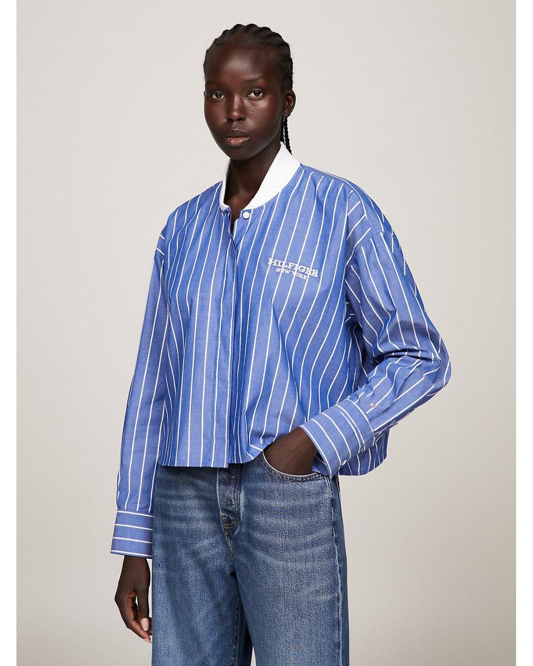 Tommy Hilfiger Baseball Stripe Rib knit Collar Cropped Shirt in