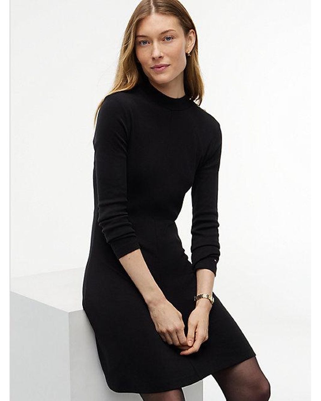 Tommy Hilfiger Black Tone Button Long Sleeve Midi Flare Dress