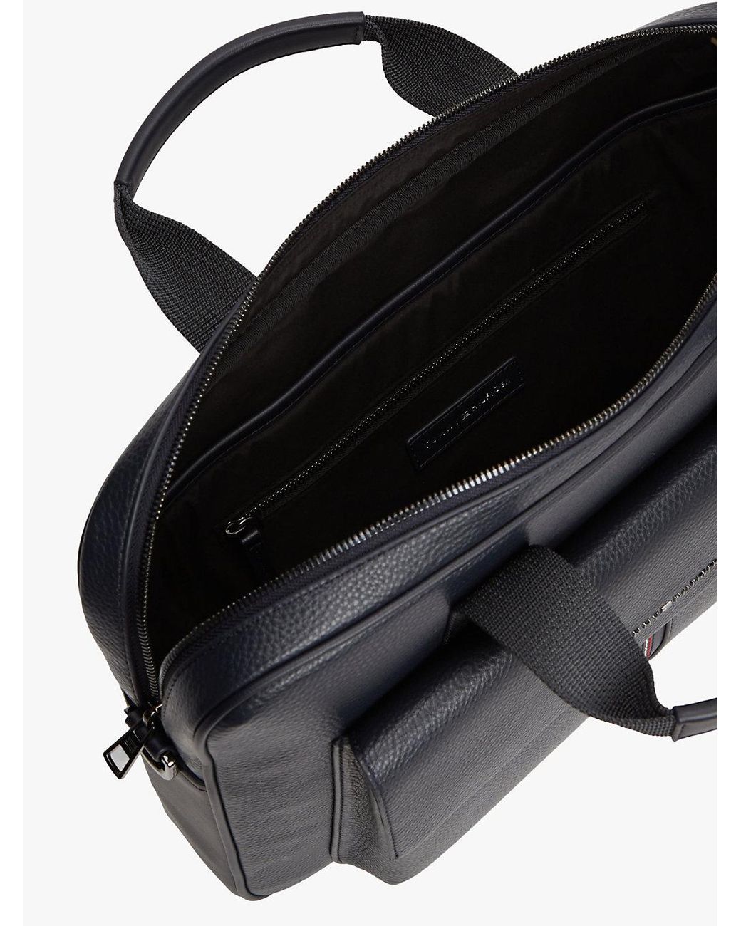 Tommy Hilfiger Black Flap Pocket Pebble Grain Laptop Bag for men