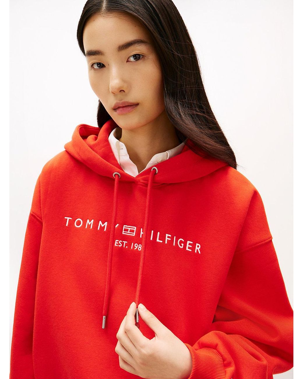 Tommy Hilfiger Red Logo Fleece Relaxed Drawstring Hoody