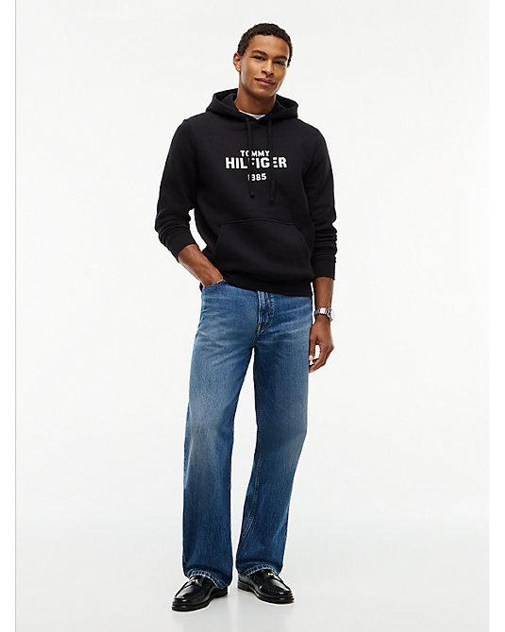 Tommy Hilfiger Black Logo Embroidery Fleece Hoody for men