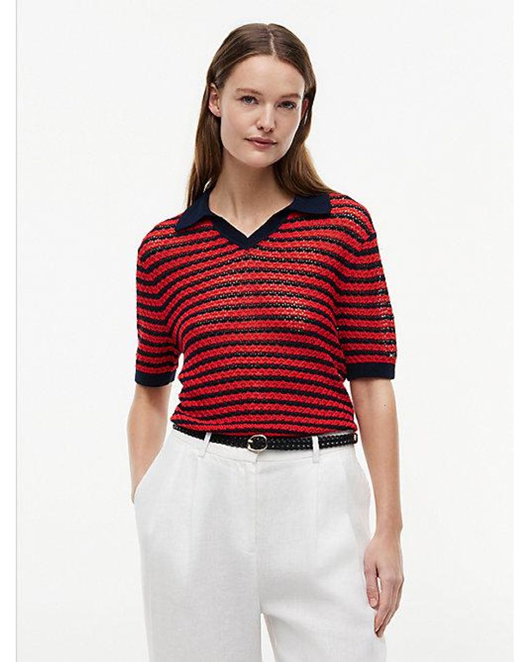 Tommy Hilfiger Red Pointelle Relaxed Short Sleeve Polo Jumper