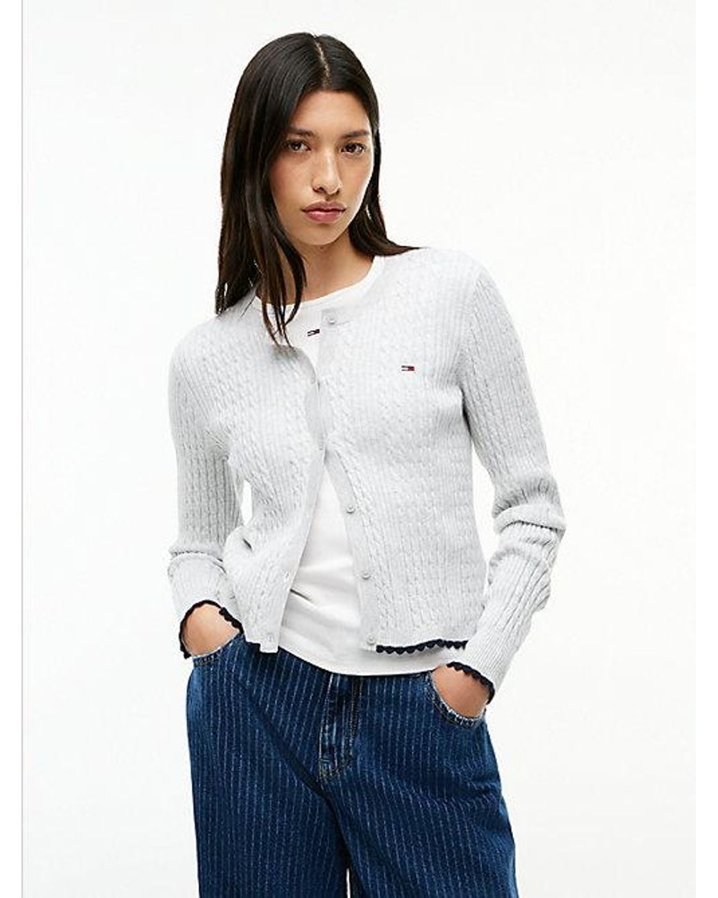 Tommy Hilfiger White Tommy Jeans Cable Knit Scalloped Trim Slim Cardigan