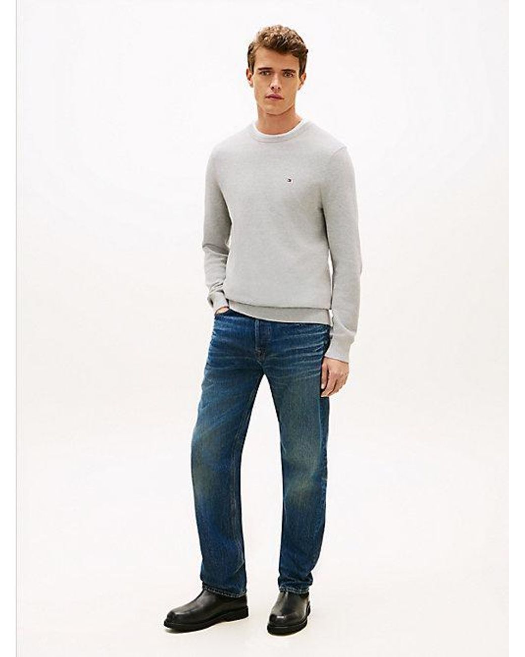 Tommy Hilfiger Gray Flag Embroidery Textured Crew Neck Jumper for men