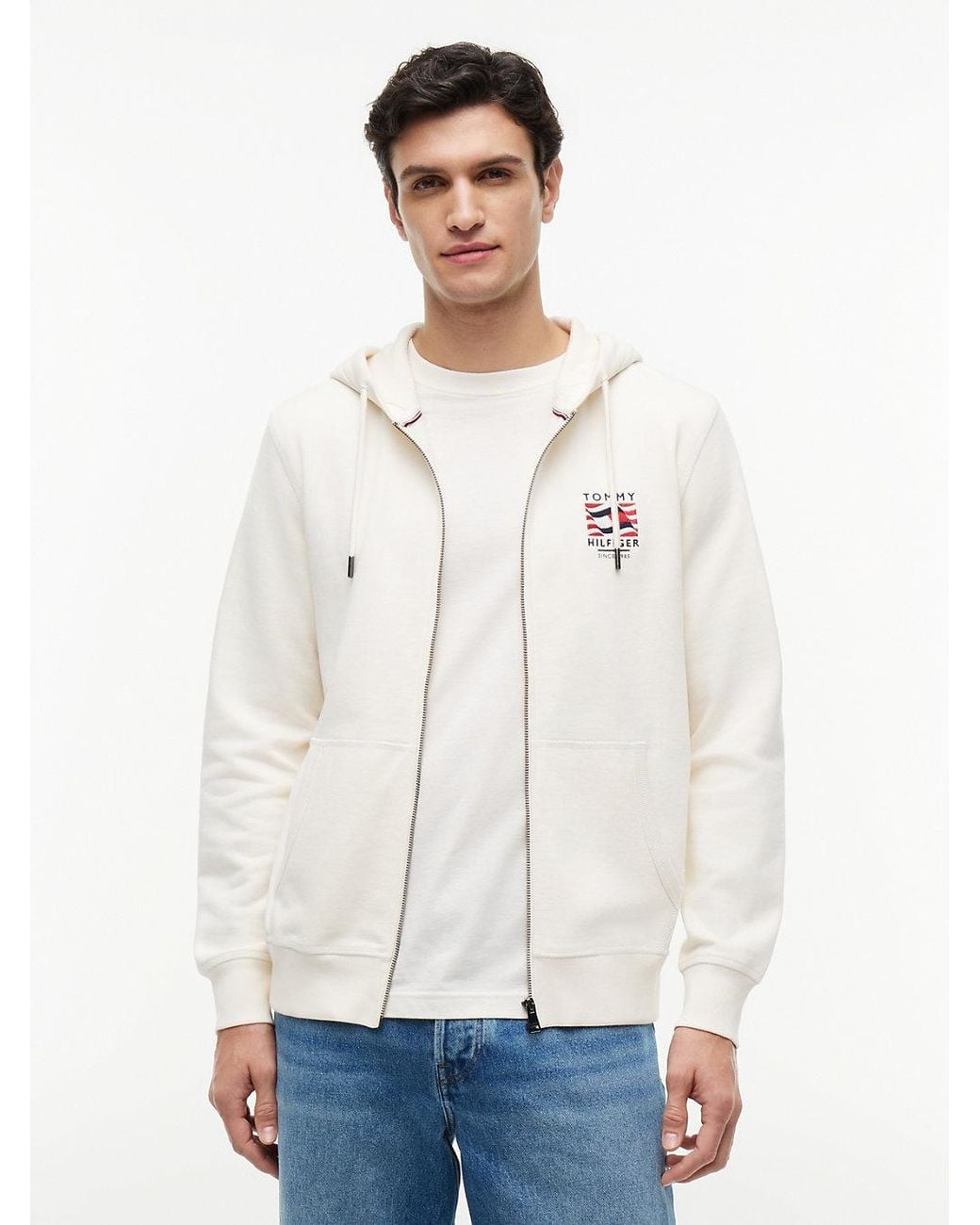 Tommy Hilfiger White Flag Embroidery French Terry Zip-Thru Hoody for men