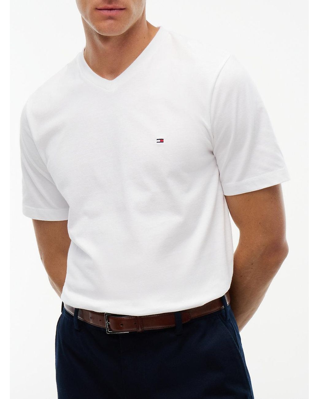Tommy Hilfiger White Flag Embroidery V-neck T-shirt for men