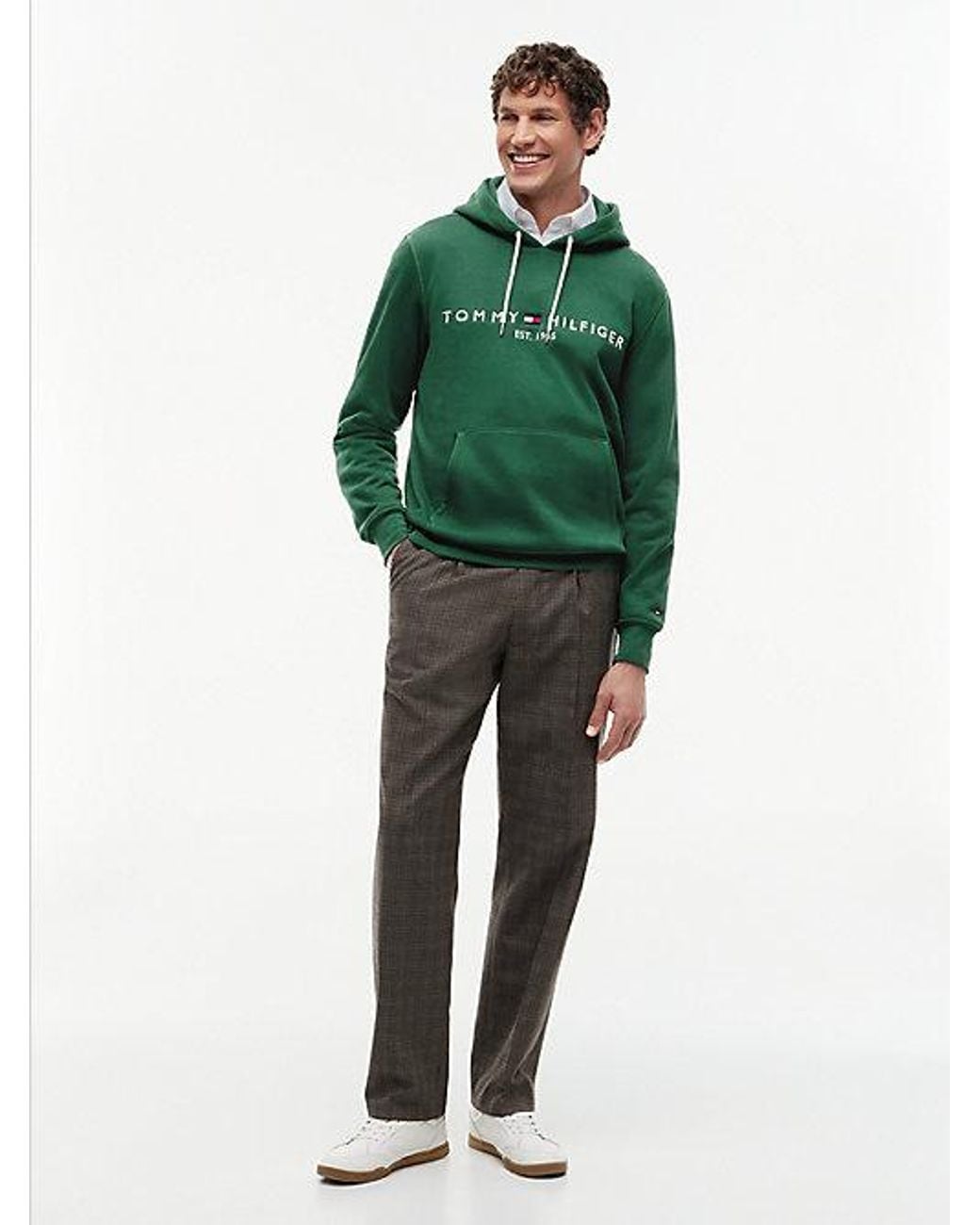 Tommy Hilfiger Green Logo Embroidery Fleece Drawstring Hoody for men