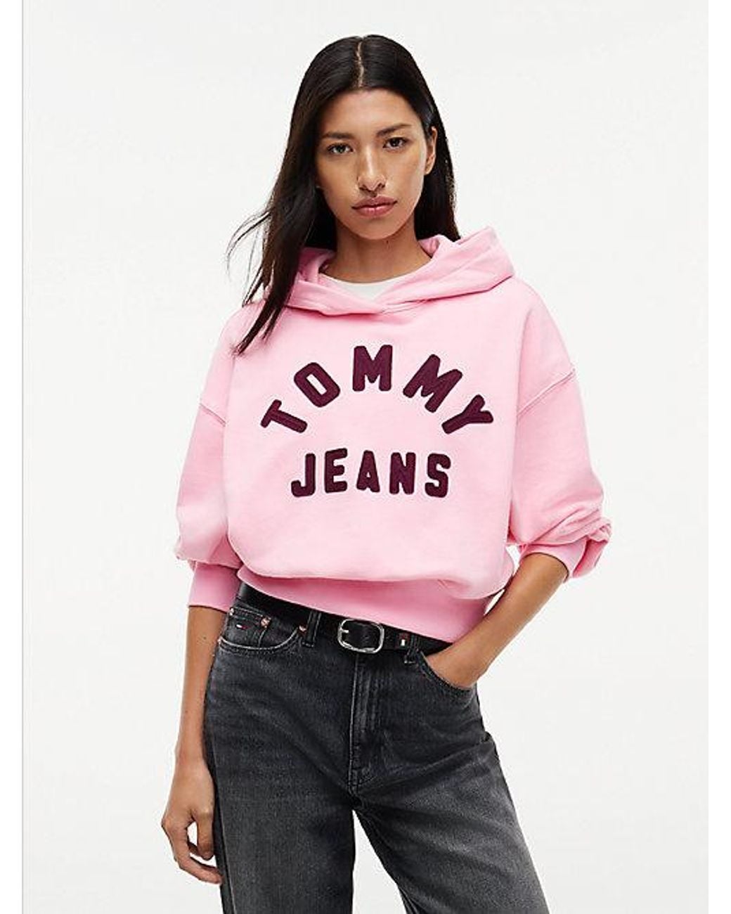 Tommy Hilfiger Pink Light Varsity Logo Oversized Fleece Hoodie